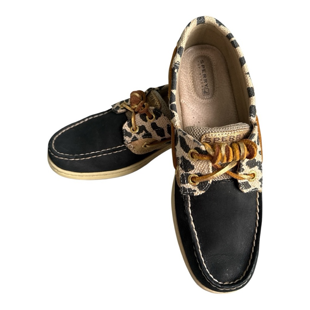 Sperry Top-Sider Leopard Print & Black Leather Elevated Boat Shoes Women’s 
7.5